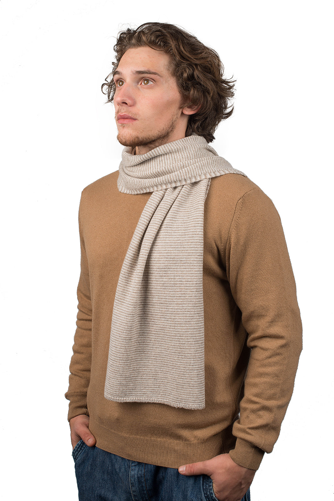 Men's striped 100% cashmere scarf, colour Mink-Beige-Cream | Dalle Piane Cashmere