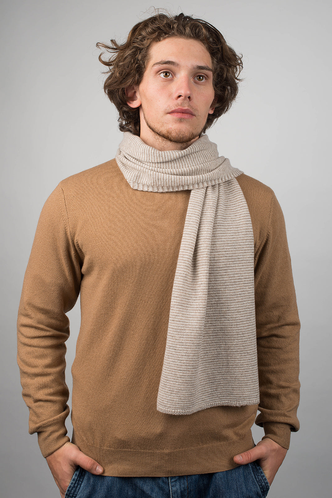 Men's striped 100% cashmere scarf, colour Mink-Beige-Cream, view 2 | Dalle Piane Cashmere