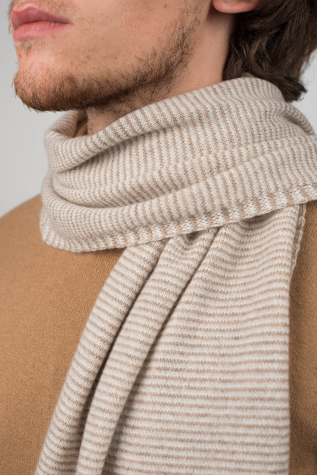 Men's striped 100% cashmere scarf, colour Mink-Beige-Cream, view 3 | Dalle Piane Cashmere