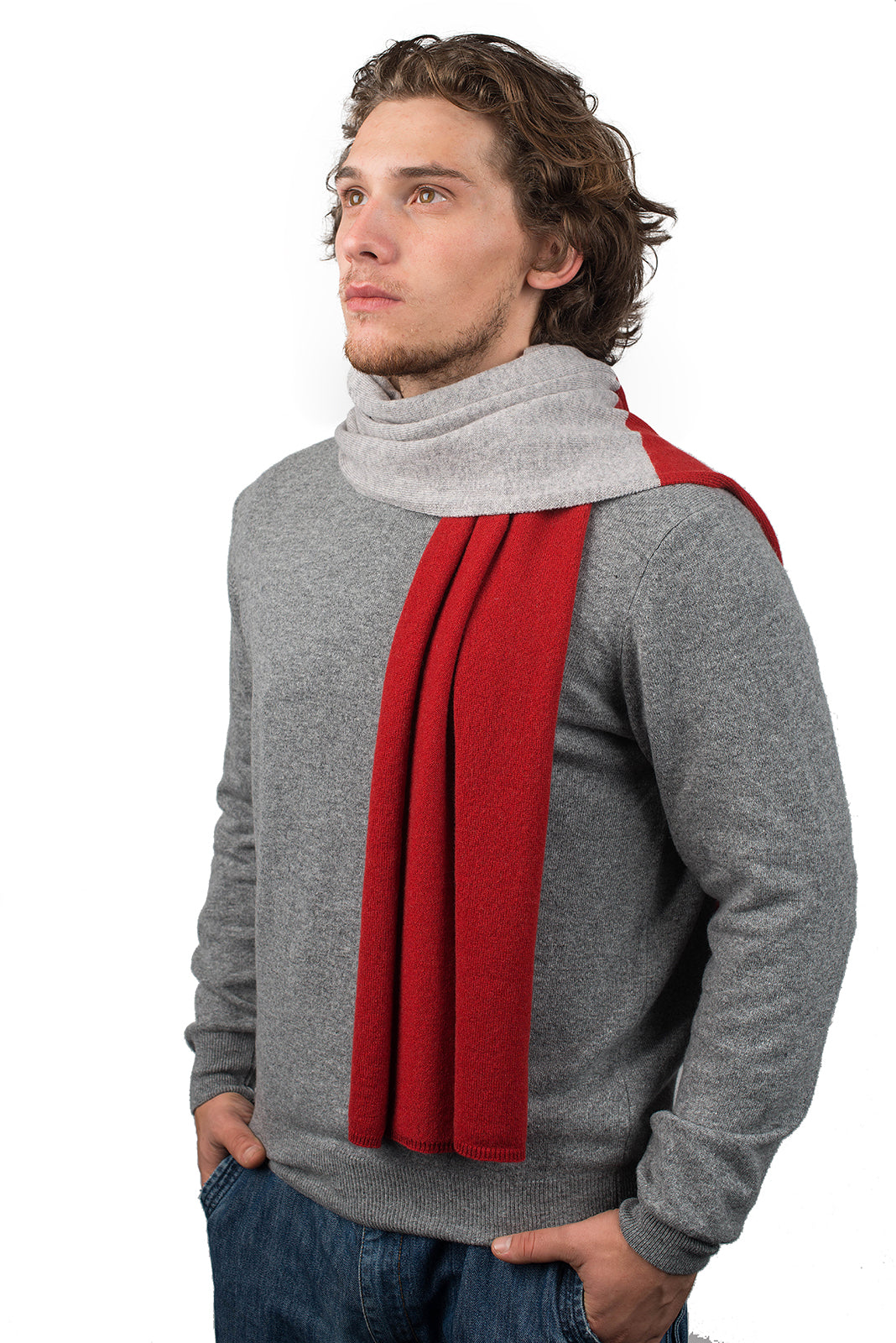Men's two-tone 100% cashmere scarf, colour Red-Grey | Dalle Piane Cashmere
