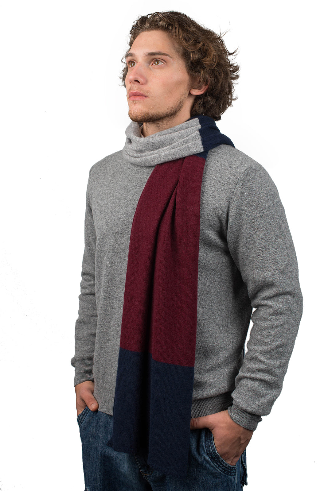 Men's three-colour 100% cashmere scarf, colour Blue-Bordeaux-Grey | Dalle Piane Cashmere