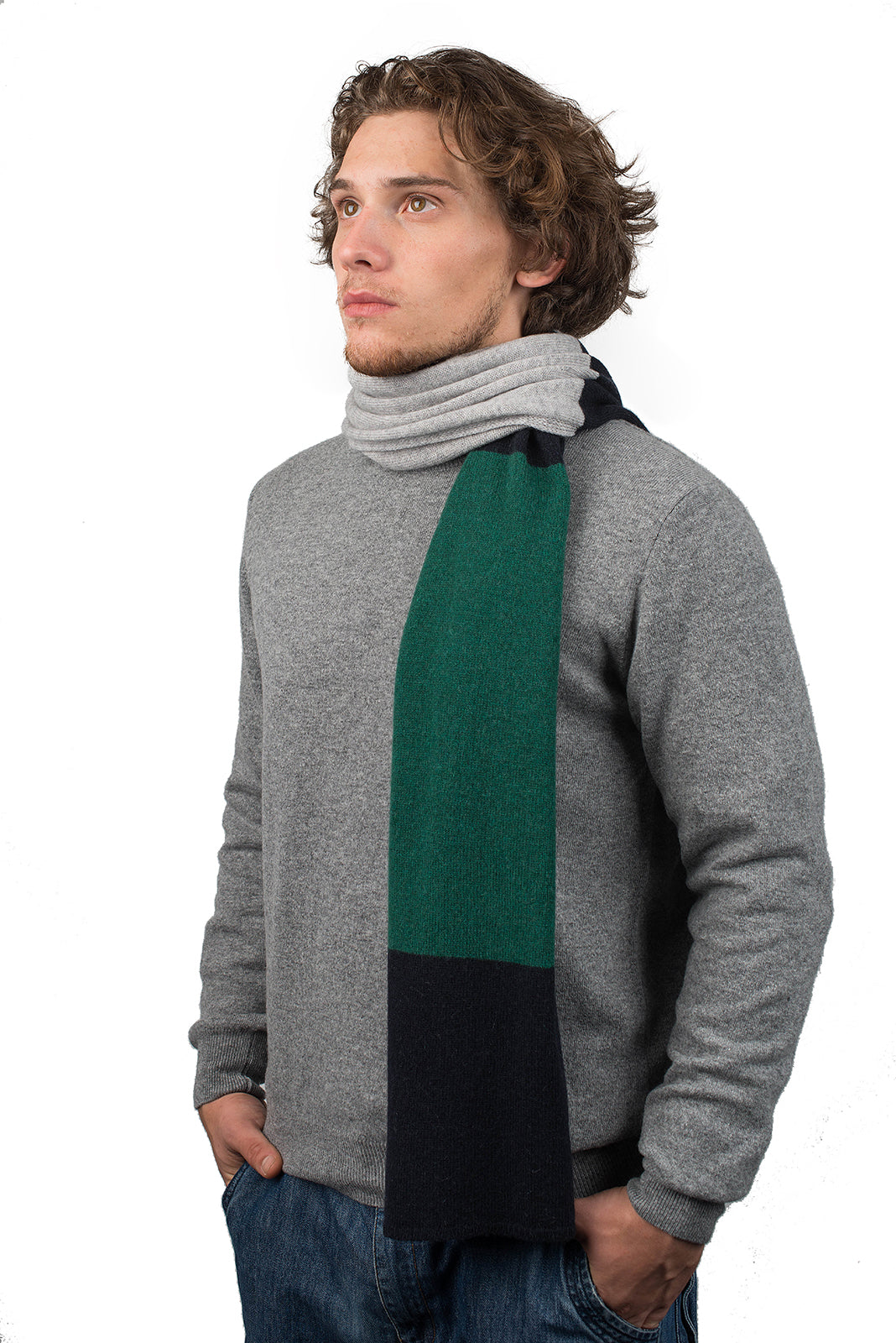 Men's three-colour 100% cashmere scarf, colour Blue-Green-Grey | Dalle Piane Cashmere
