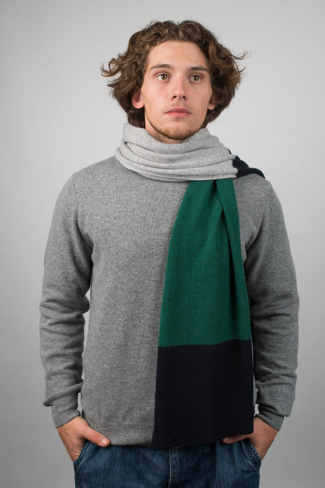 Men's three-colour 100% cashmere scarf, colour Blue-Green-Grey, view 2 | Dalle Piane Cashmere