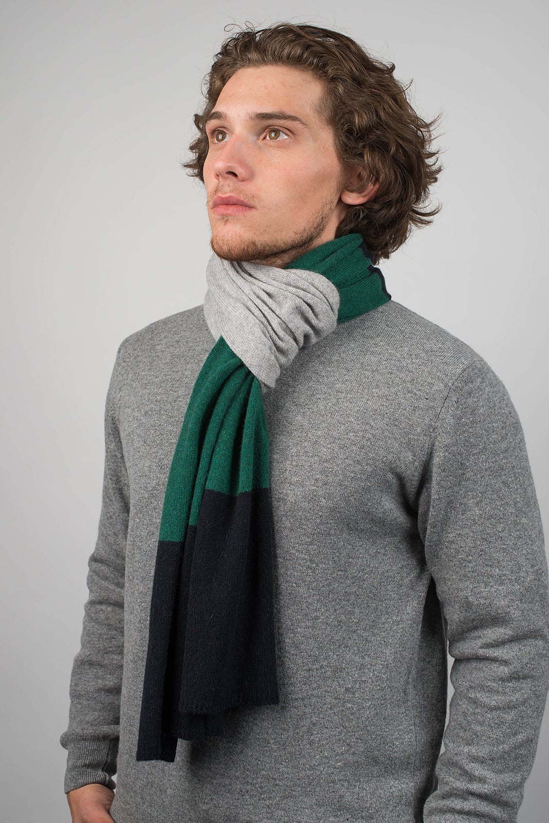 Men's three-colour 100% cashmere scarf, colour Blue-Green-Grey, view 3 | Dalle Piane Cashmere