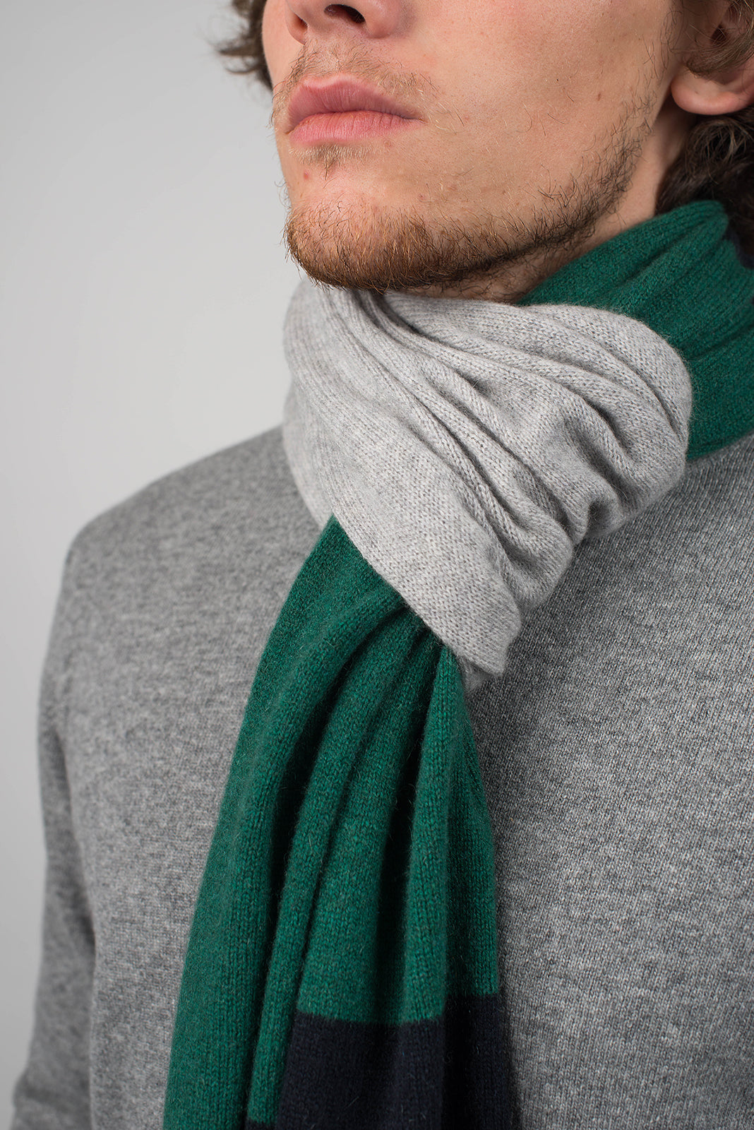 Men's three-colour 100% cashmere scarf, colour Blue-Green-Grey, view 4 | Dalle Piane Cashmere