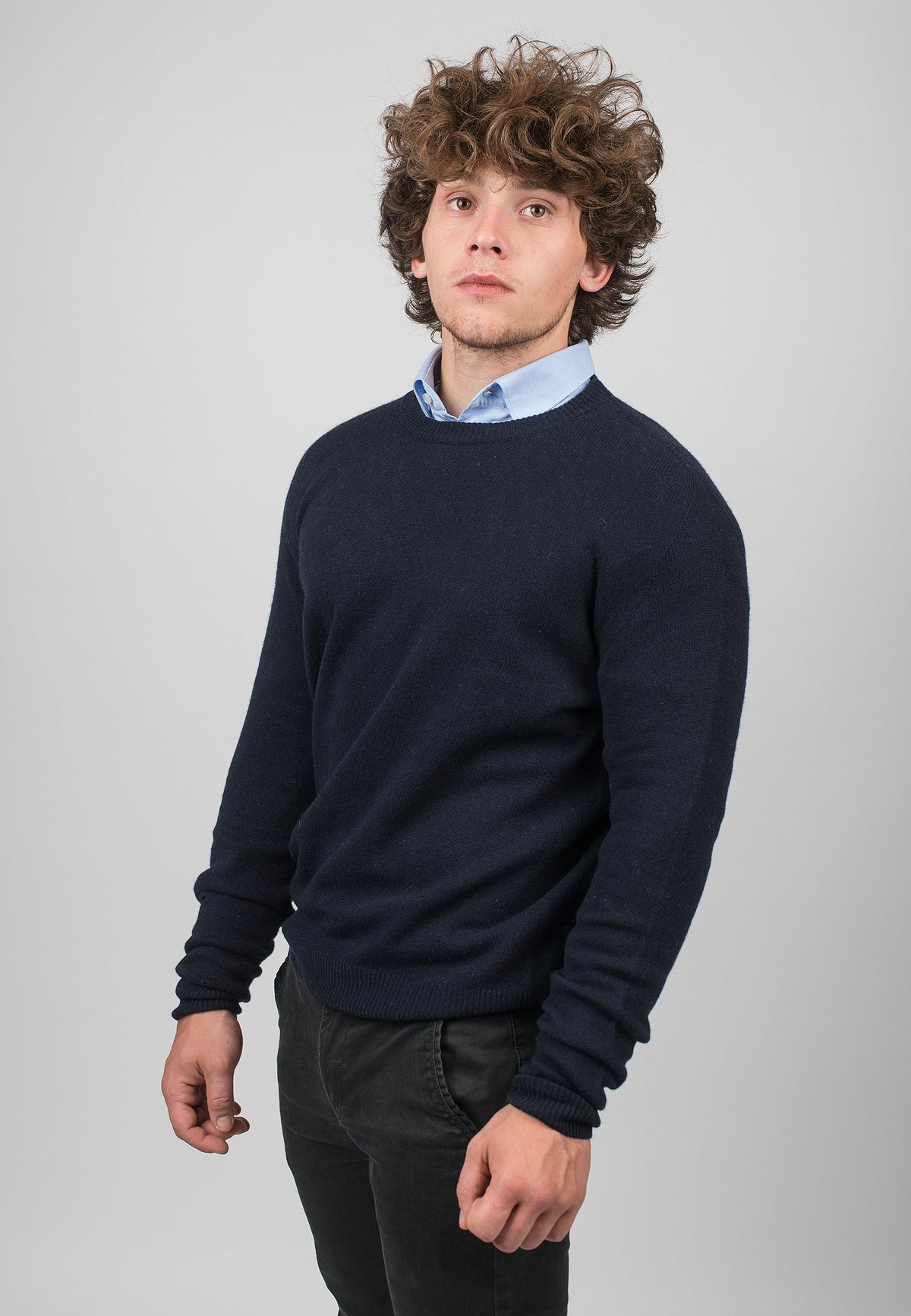 Men's recycled cashmere crewneck, colour Blue, view 2 | Dalle Piane Cashmere