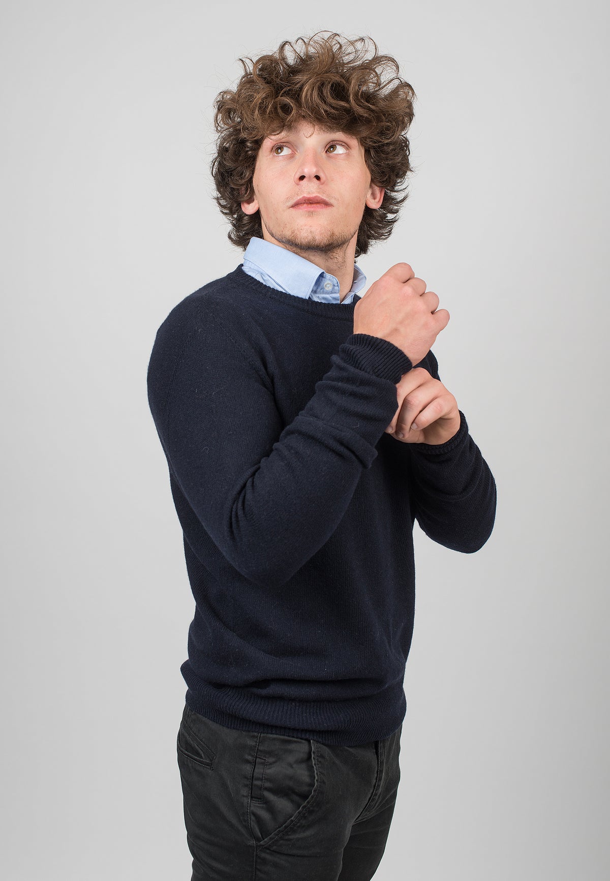 Men's recycled cashmere crewneck, colour Blue, view 3 | Dalle Piane Cashmere