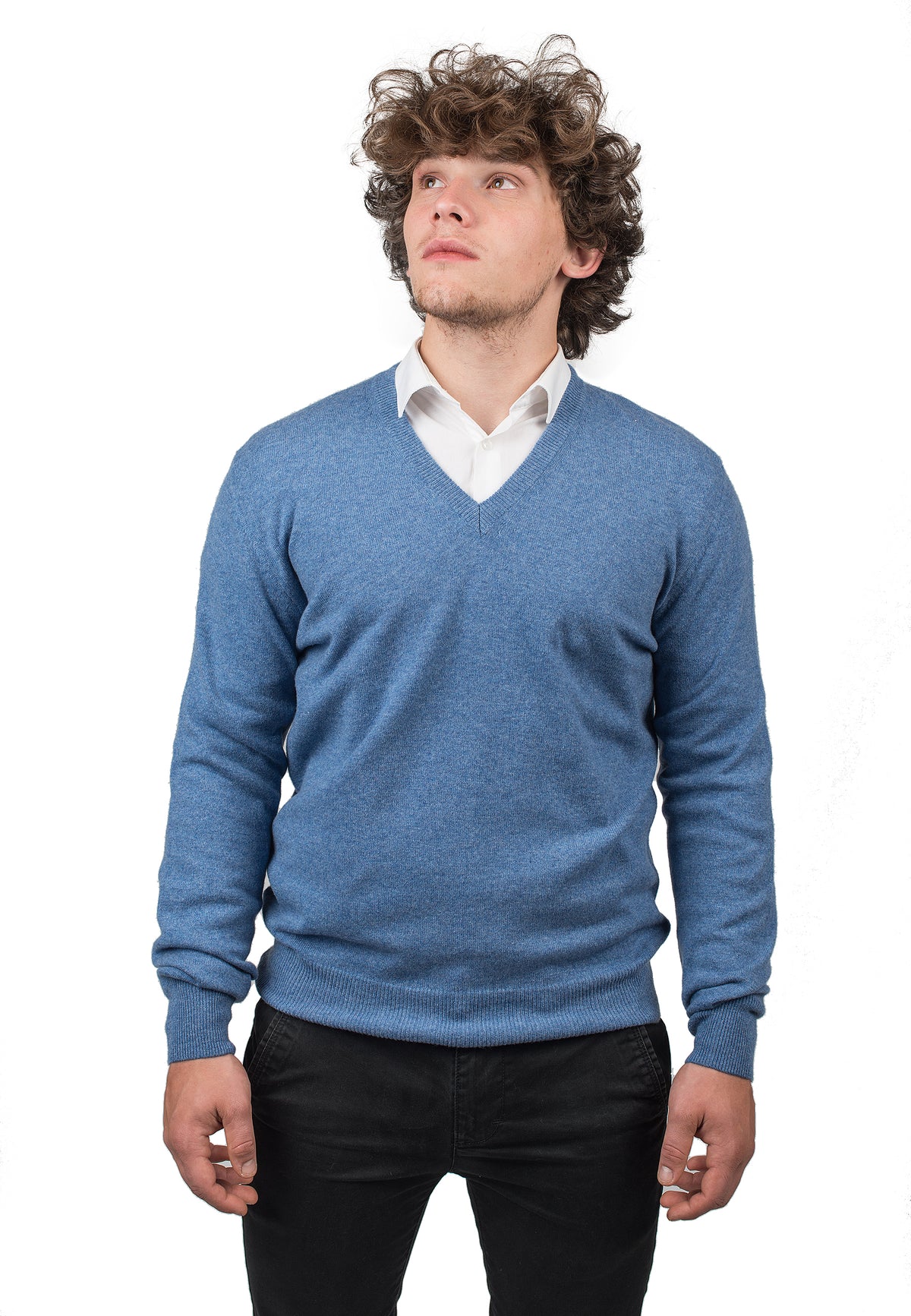 Men's 100% cashmere V-neck, colour Light Blue | Dalle Piane Cashmere