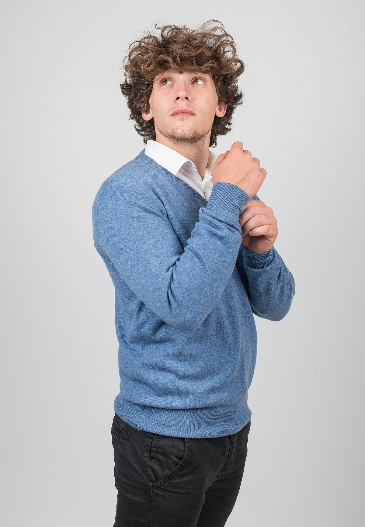 Men's 100% cashmere V-neck, colour Light Blue, view 3 | Dalle Piane Cashmere