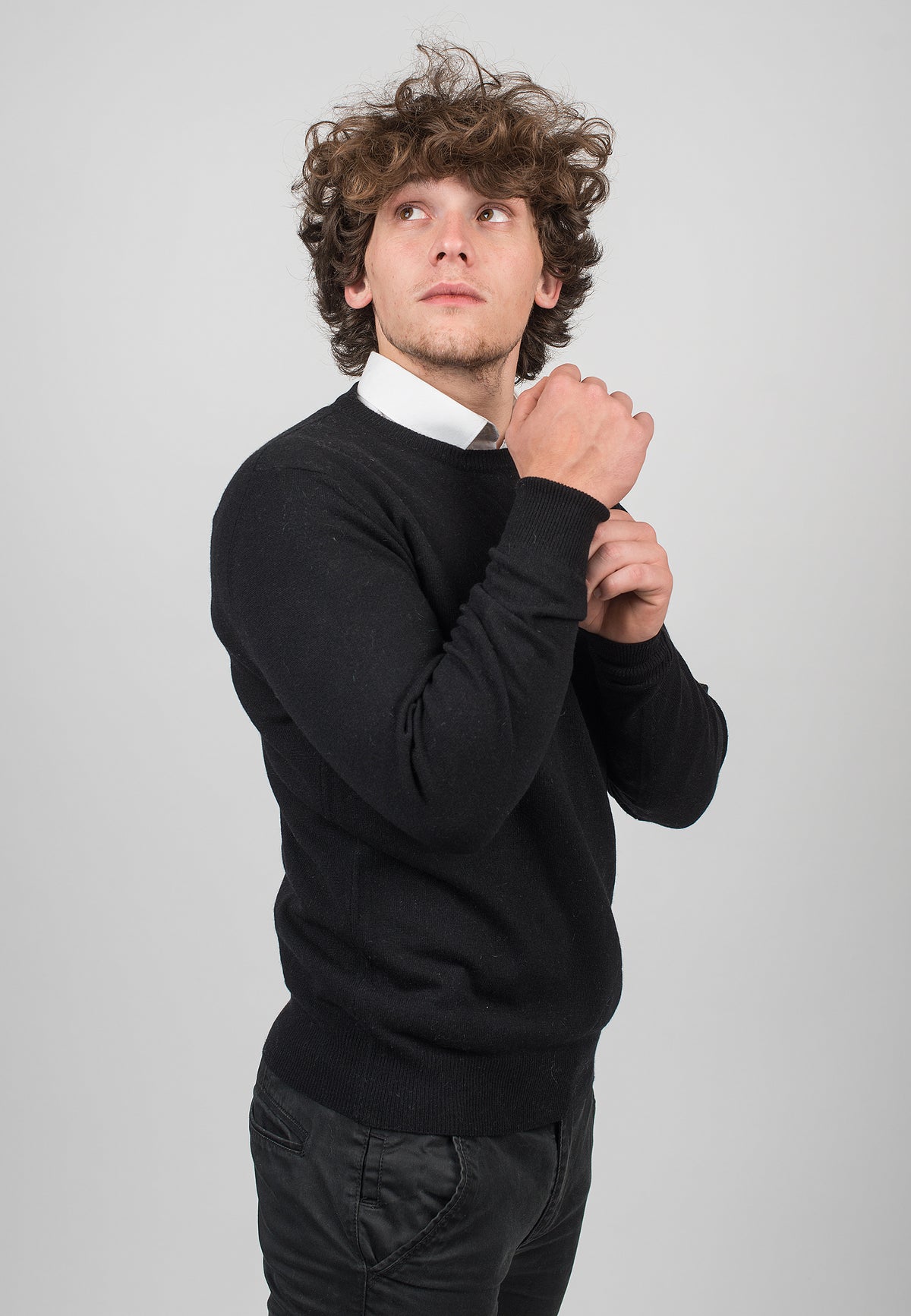 Men's 100% cashmere crewneck, colour Black, view 3 | Dalle Piane Cashmere