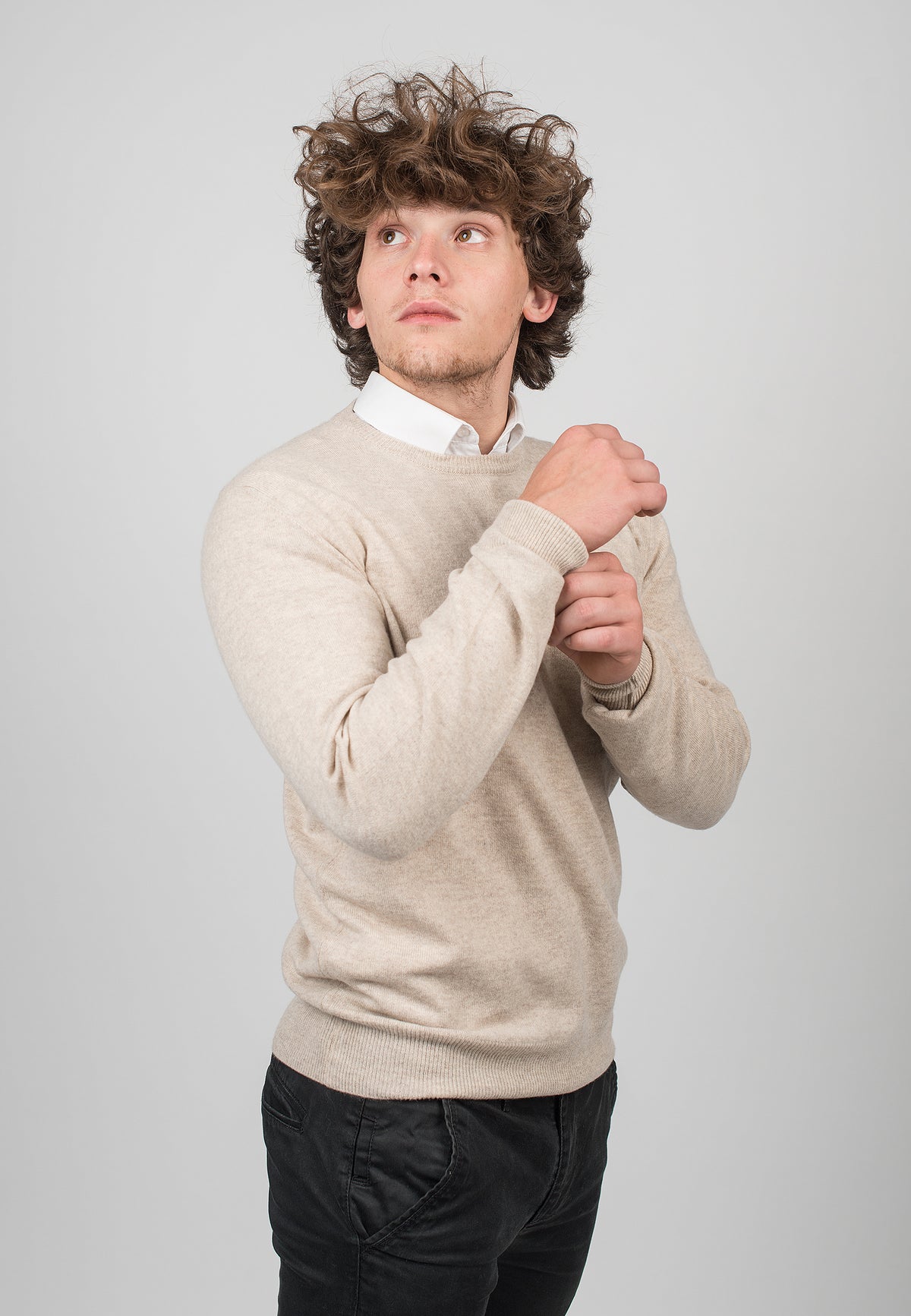 Men's 100% cashmere crewneck, colour Beige, view 3 | Dalle Piane Cashmere