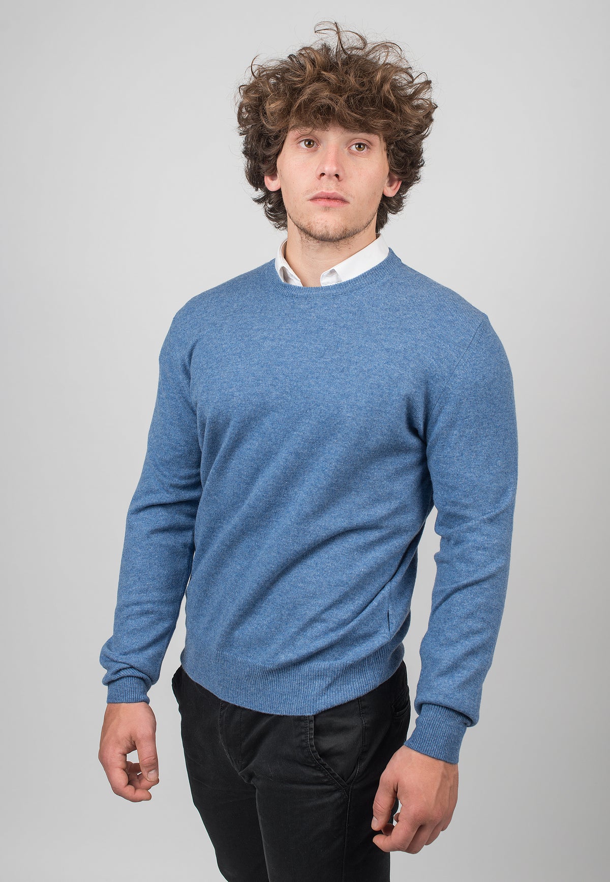 Men's 100% cashmere crewneck, colour Light Blue, view 2 | Dalle Piane Cashmere