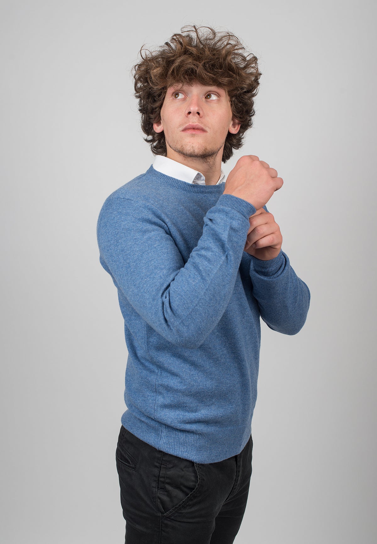 Men's 100% cashmere crewneck, colour Light Blue, view 3 | Dalle Piane Cashmere