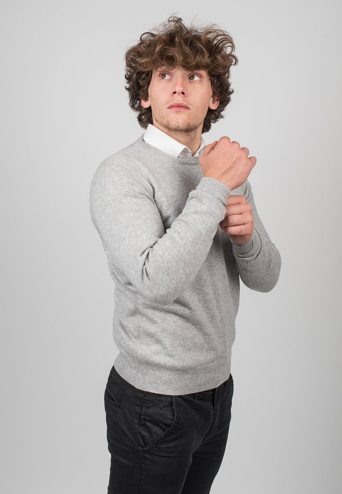 Men's 100% cashmere crewneck, colour Grey, view 3 | Dalle Piane Cashmere