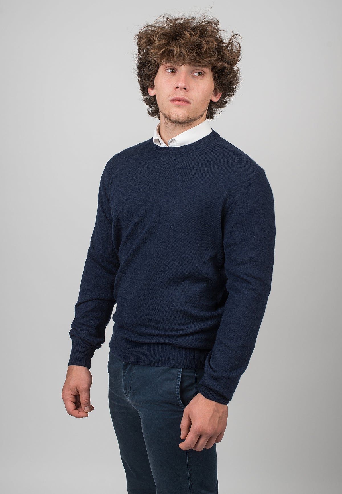 Men's 100% cashmere crewneck, colour Blue, view 2 | Dalle Piane Cashmere