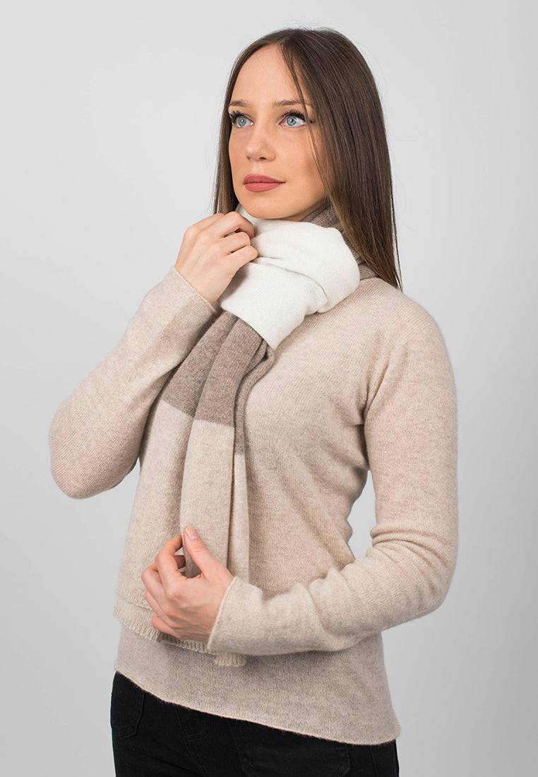 Women's three-colour 100% cashmere scarf, colour Beige-Mink-Cream, view 3 | Dalle Piane Cashmere