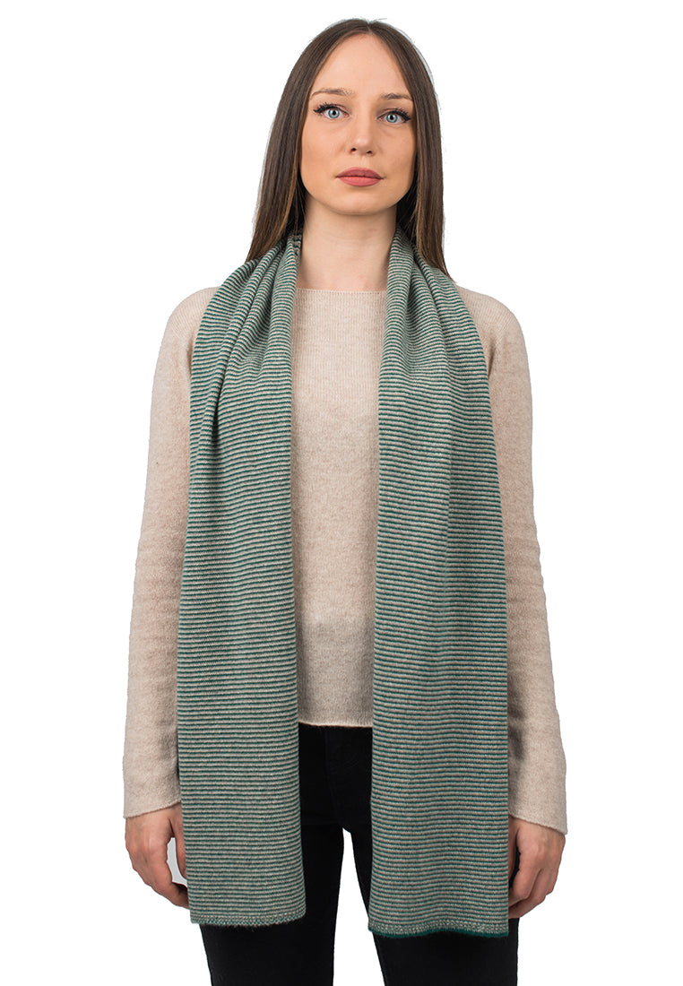 Women's striped 100% cashmere scarf, colour Green-Beige-Cream | Dalle Piane Cashmere