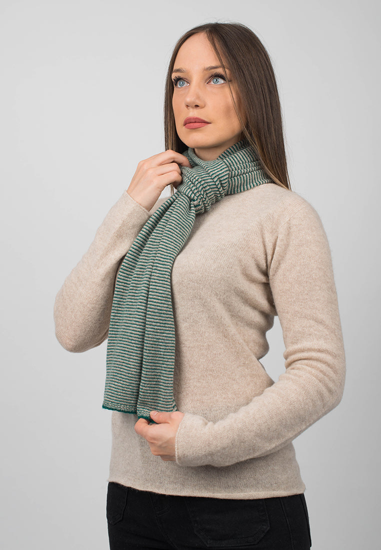 Women's striped 100% cashmere scarf, colour Green-Beige-Cream, view 3 | Dalle Piane Cashmere