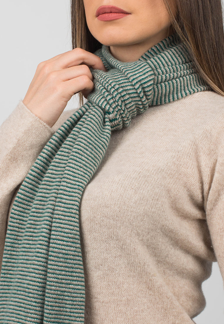 Women's striped 100% cashmere scarf, colour Green-Beige-Cream, view 4 | Dalle Piane Cashmere