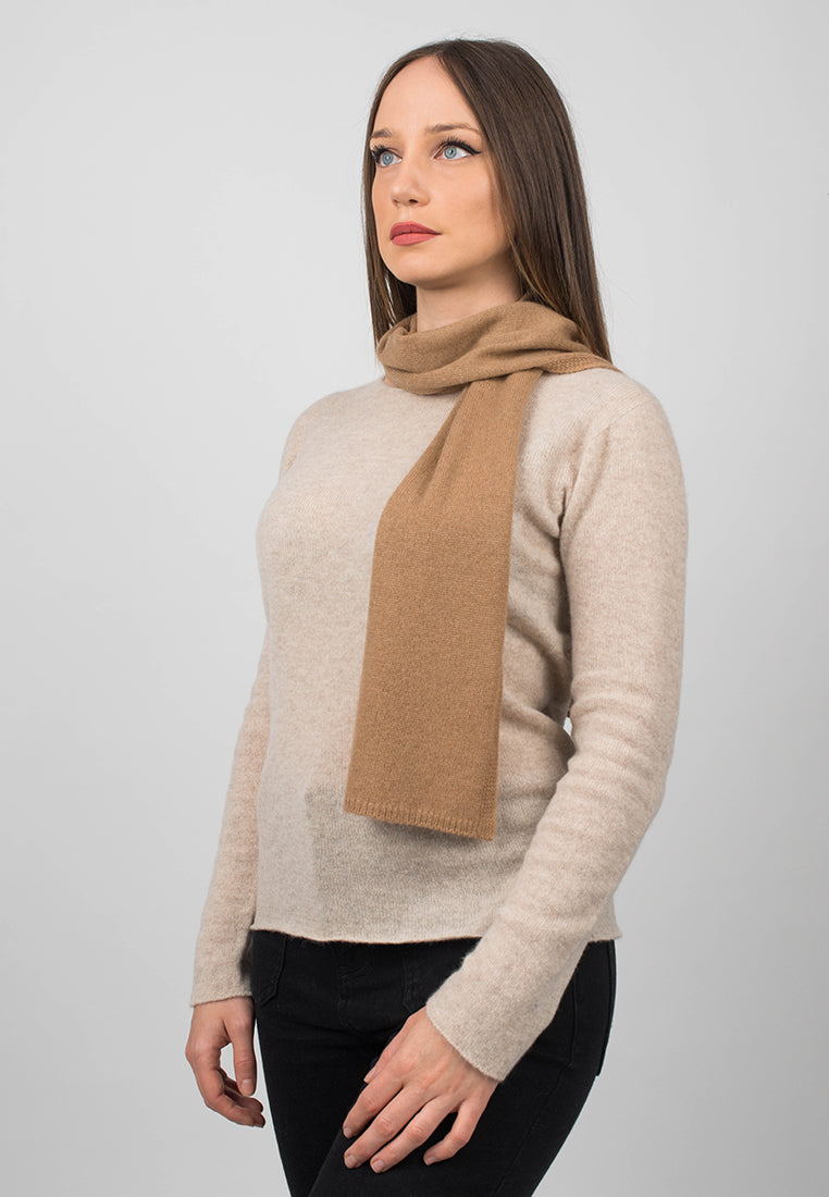 Women's 100% cashmere skinny scarf, colour Camel, view 2 | Dalle Piane Cashmere