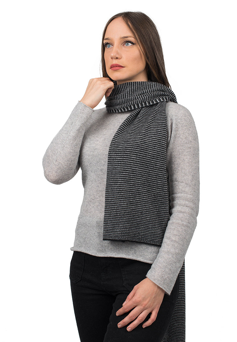Women's striped 100% cashmere scarf, colour Black-Anthracite-Grey | Dalle Piane Cashmere