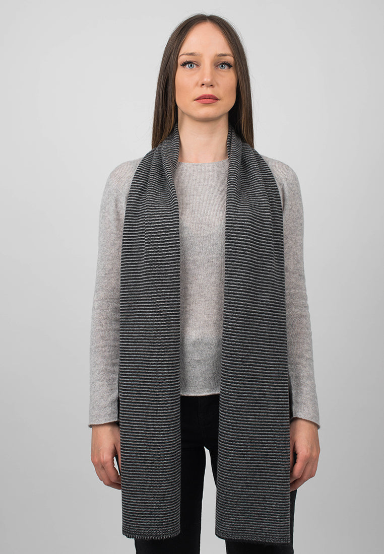 Women's striped 100% cashmere scarf, colour Black-Anthracite-Grey, view 2 | Dalle Piane Cashmere