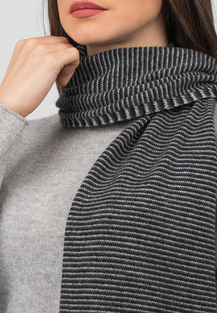 Women's striped 100% cashmere scarf, colour Black-Anthracite-Grey, view 3 | Dalle Piane Cashmere