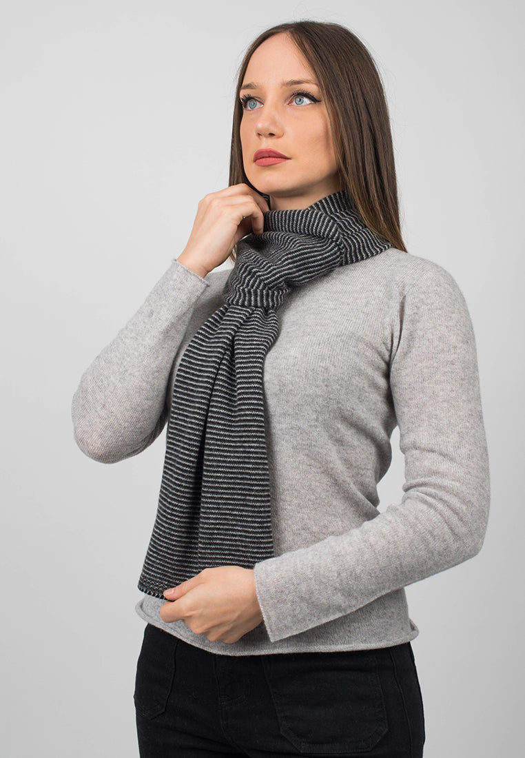 Women's striped 100% cashmere scarf, colour Black-Anthracite-Grey, view 4 | Dalle Piane Cashmere