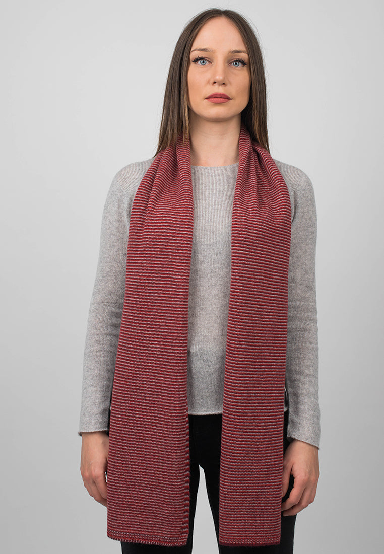 Women's striped 100% cashmere scarf, colour Red-Bordeaux-Grey, view 2 | Dalle Piane Cashmere