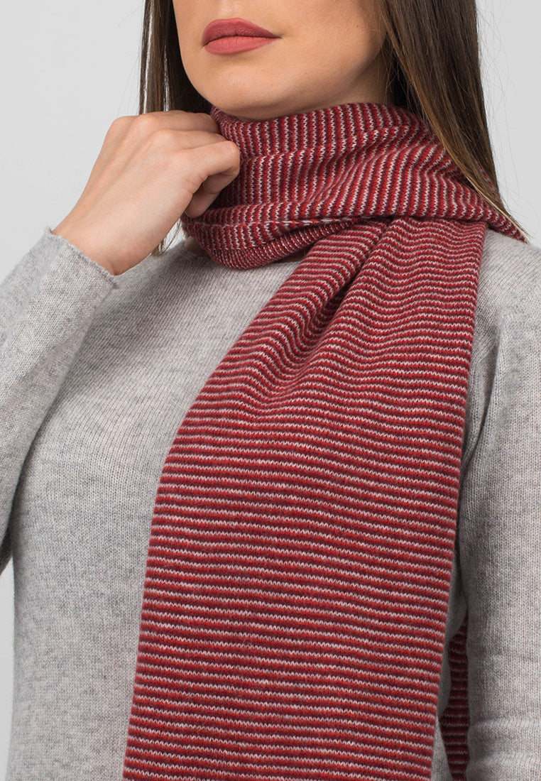 Women's striped 100% cashmere scarf, colour Red-Bordeaux-Grey, view 3 | Dalle Piane Cashmere