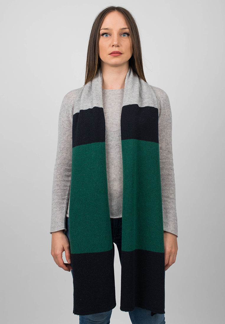 Women's three-colour 100% cashmere scarf, colour Blue-Green-Grey, view 2 | Dalle Piane Cashmere