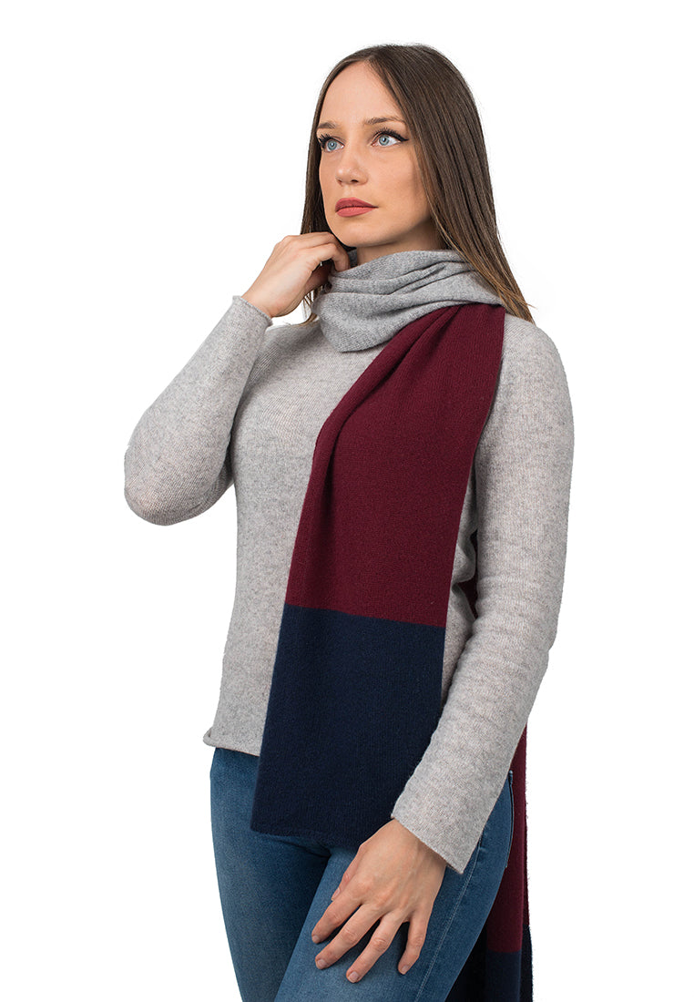 Women's three-colour 100% cashmere scarf, colour Blue-Bordeaux-Grey | Dalle Piane Cashmere