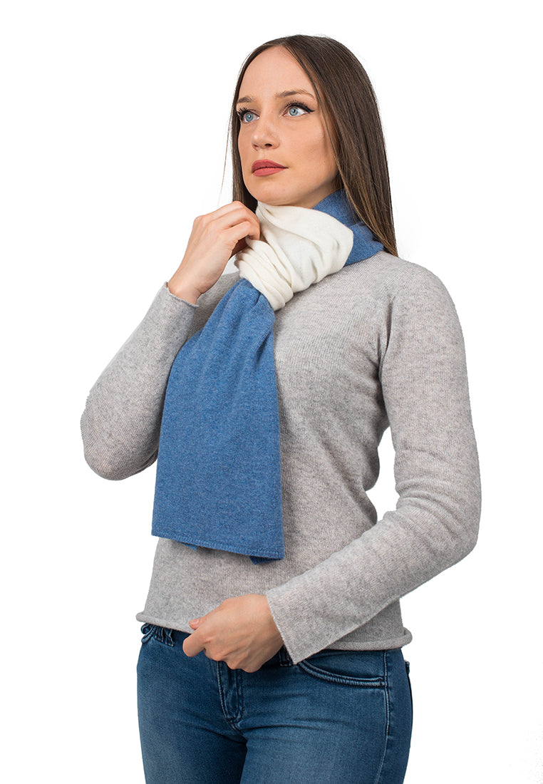 Women's two-tone 100% cashmere scarf, colour Cream-Light Blue | Dalle Piane Cashmere
