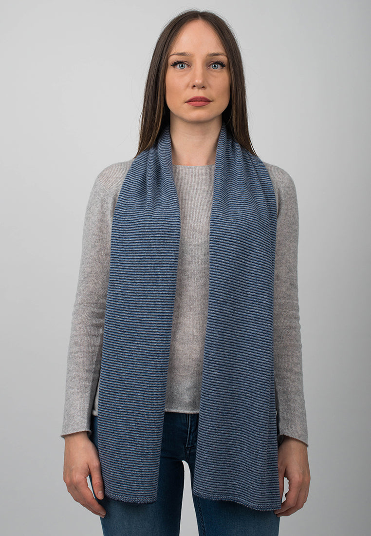 Women's striped 100% cashmere scarf, colour Blue-Light Blue-Sky, view 2 | Dalle Piane Cashmere