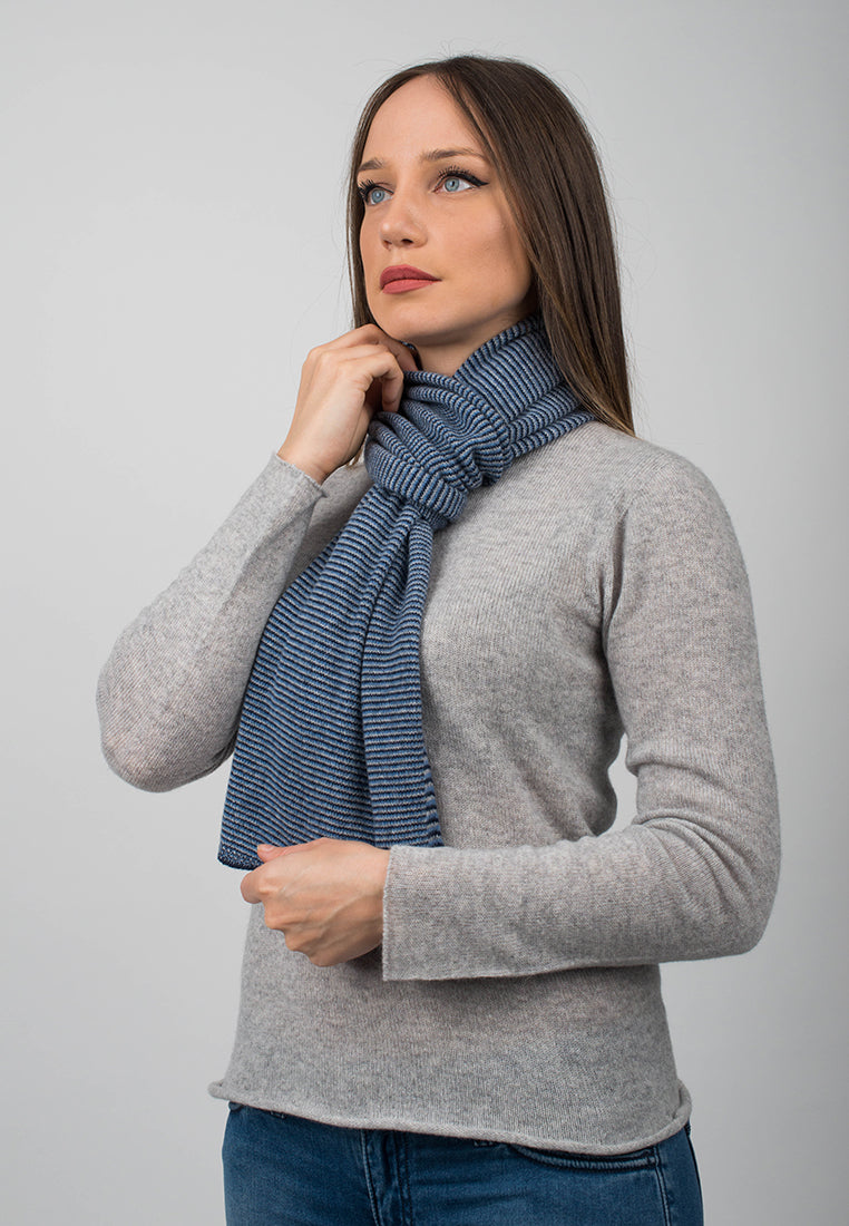 Women's striped 100% cashmere scarf, colour Blue-Light Blue-Sky, view 4 | Dalle Piane Cashmere