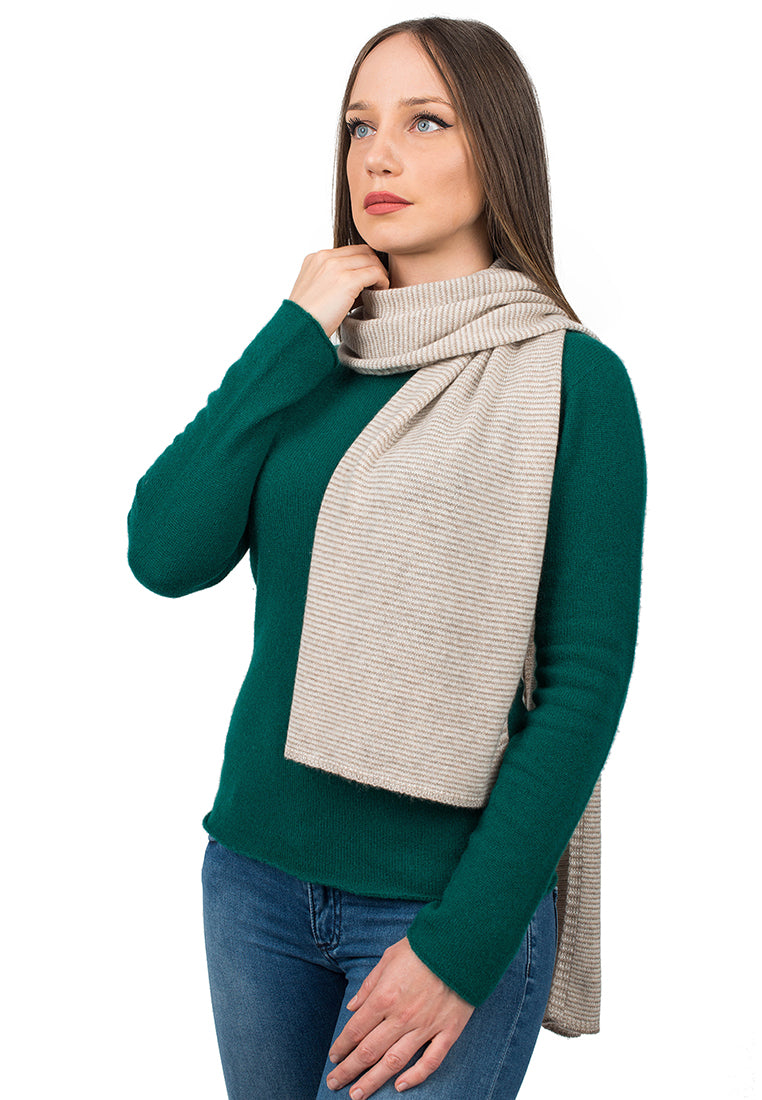 Women's striped 100% cashmere scarf, colour Mink-Beige-Cream | Dalle Piane Cashmere