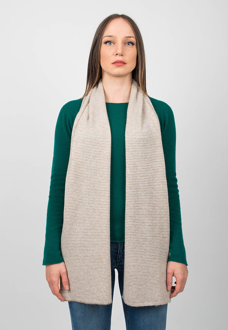 Women's striped 100% cashmere scarf, colour Mink-Beige-Cream, view 2 | Dalle Piane Cashmere
