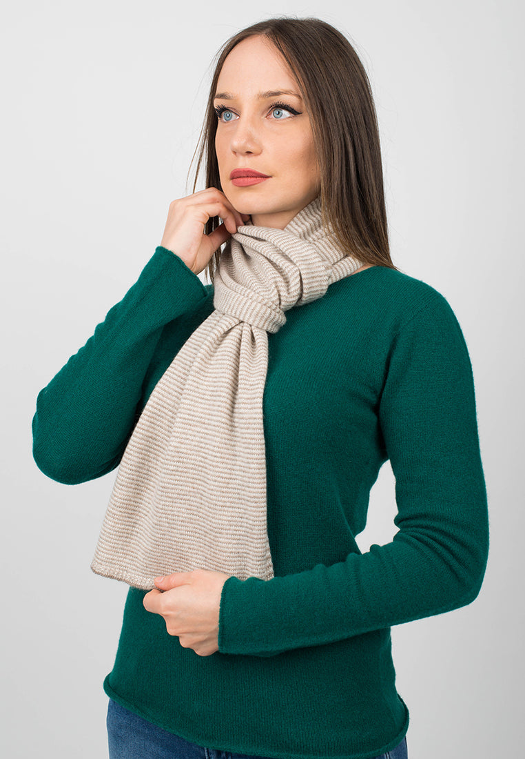 Women's striped 100% cashmere scarf, colour Mink-Beige-Cream, view 4 | Dalle Piane Cashmere