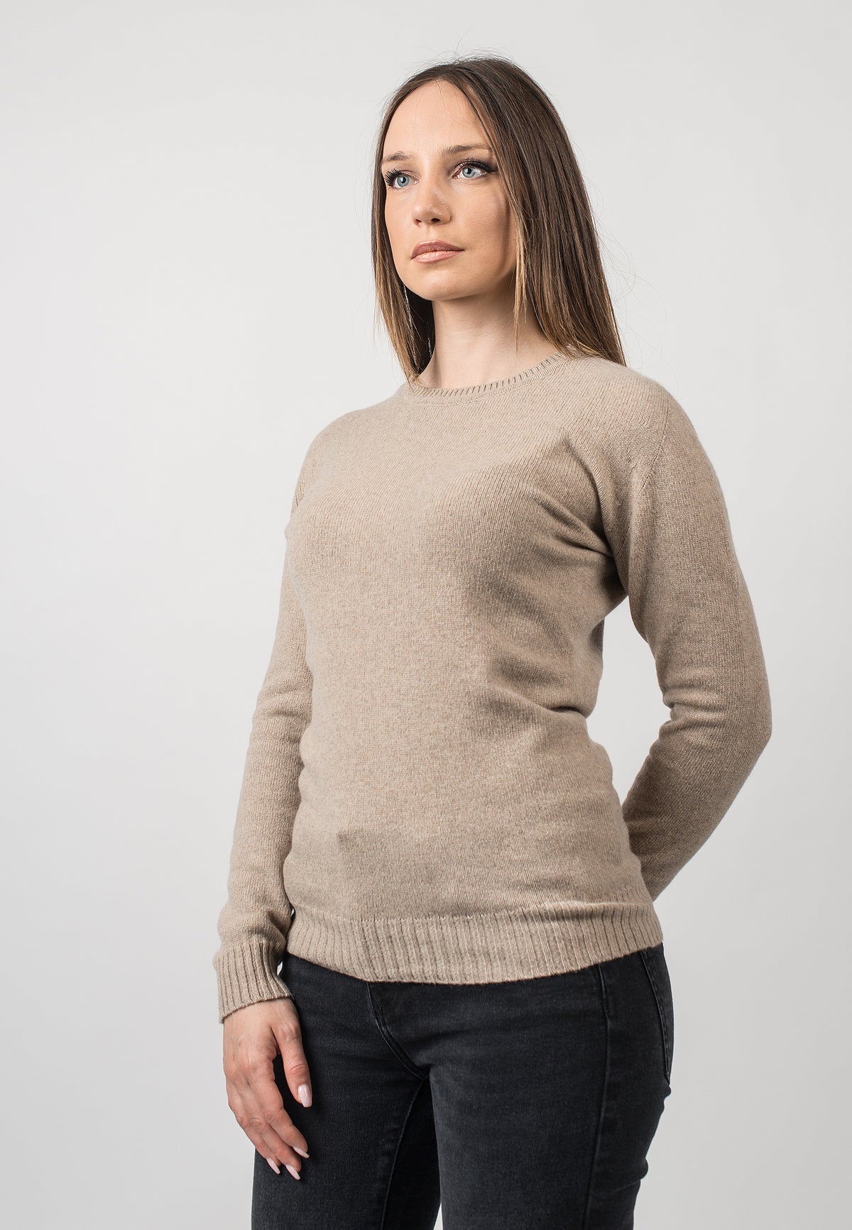 Women's recycled cashmere crewneck, colour Beige, view 2 | Dalle Piane Cashmere