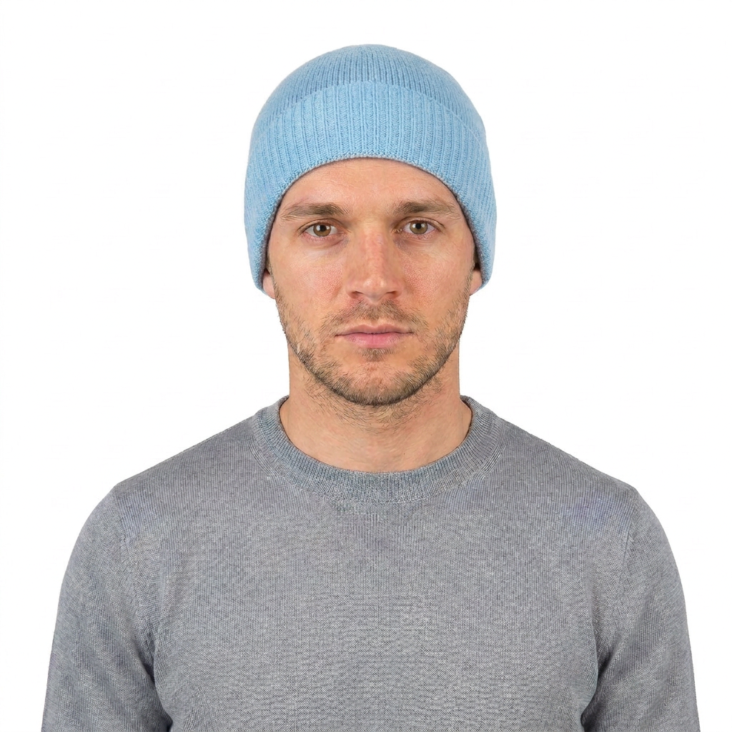 Men's plain-knit 100% cashmere beanie, colour Sky, view 3 | Dalle Piane Cashmere