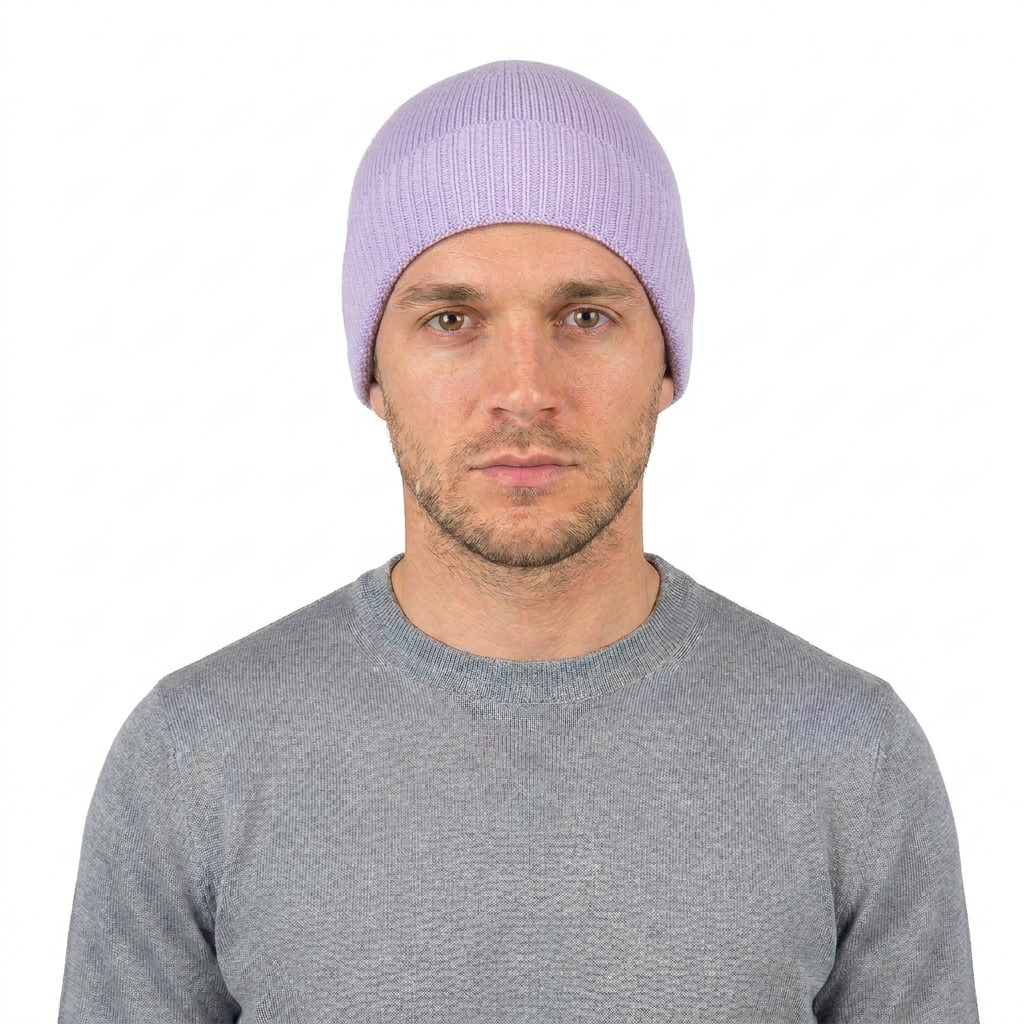 Men's plain-knit 100% cashmere beanie, colour Lilac, view 3 | Dalle Piane Cashmere