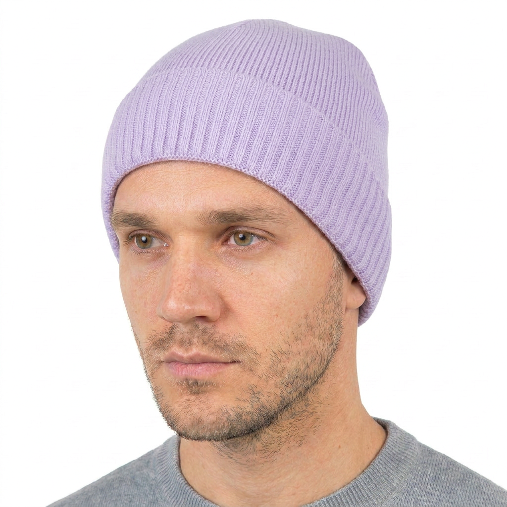 Men's plain-knit 100% cashmere beanie, colour Lilac, view 2 | Dalle Piane Cashmere
