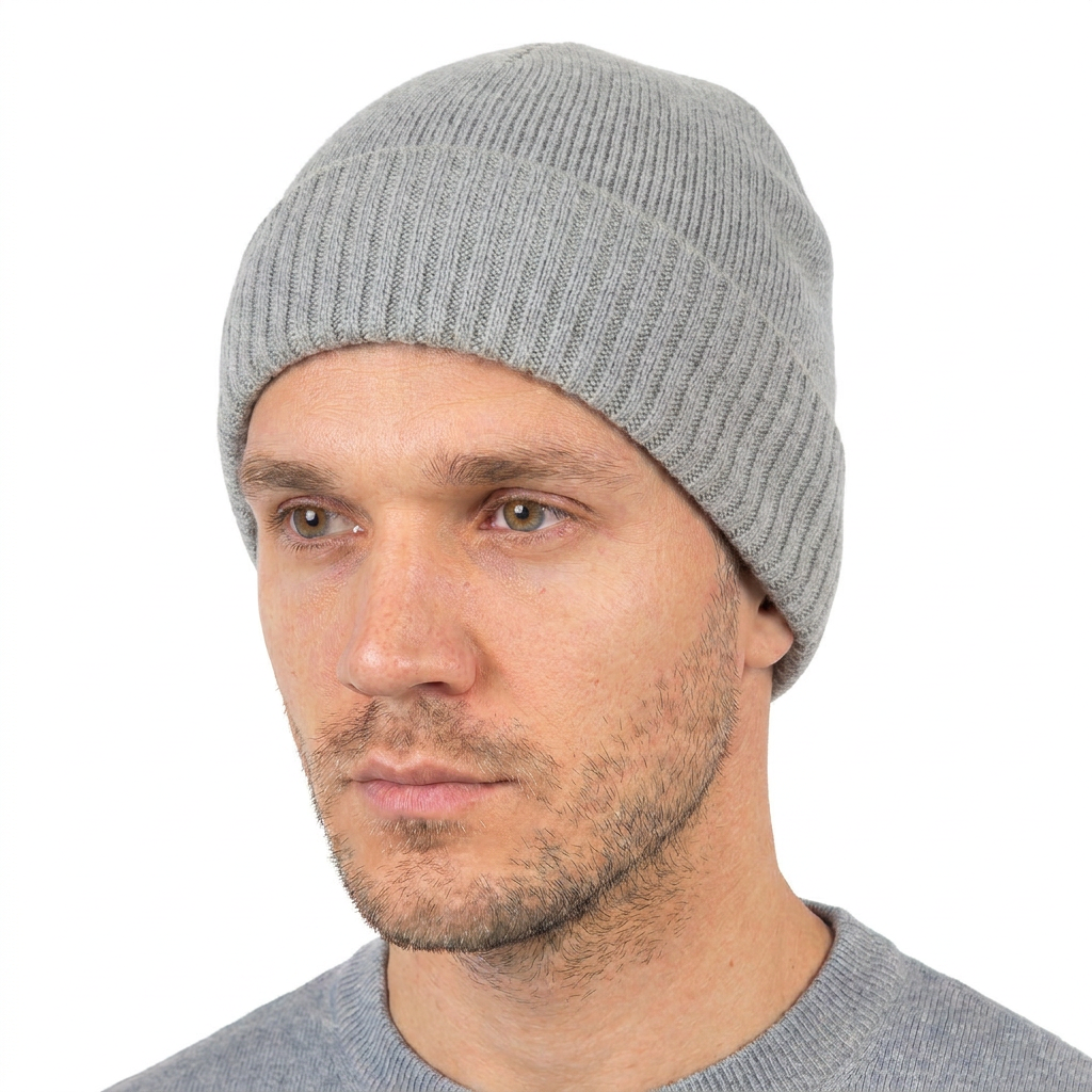 Men's plain-knit 100% cashmere beanie, colour Grey, view 2 | Dalle Piane Cashmere
