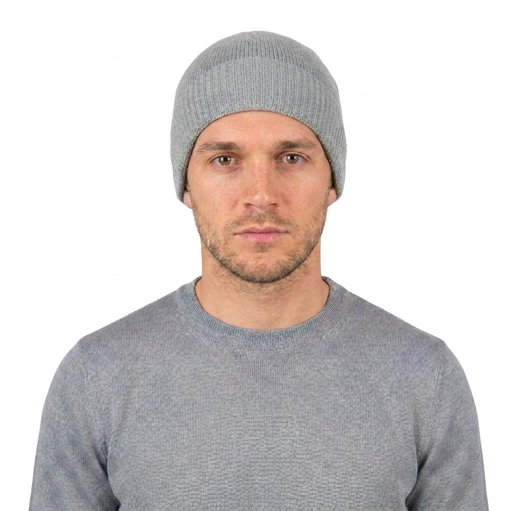 Men's plain-knit 100% cashmere beanie, colour Grey, view 3 | Dalle Piane Cashmere