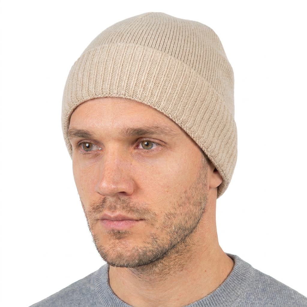 Men's plain-knit 100% cashmere beanie, beige | Dalle Piane Cashmere