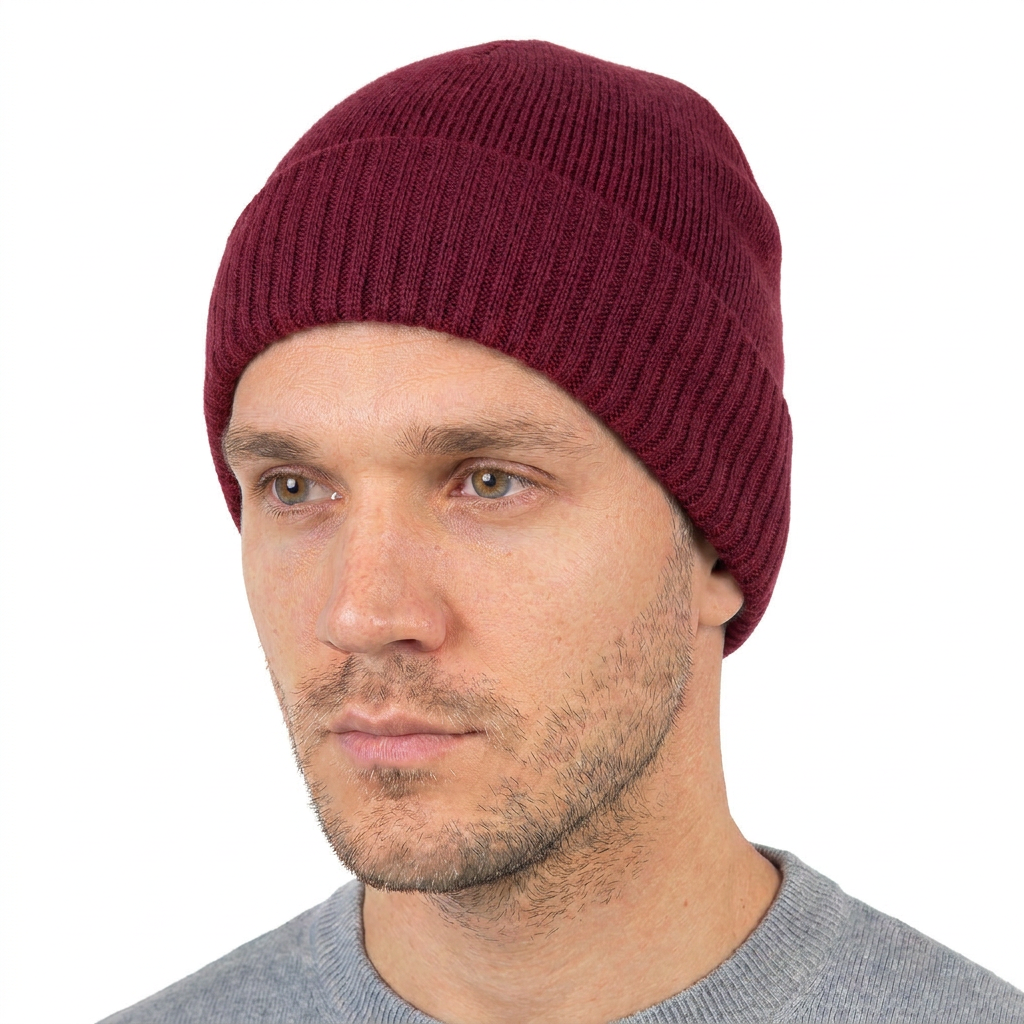 Men's plain-knit 100% cashmere beanie, colour Bordeaux, view 2 | Dalle Piane Cashmere