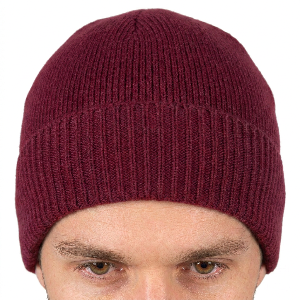 Men's plain-knit 100% cashmere beanie, colour Bordeaux, view 3 | Dalle Piane Cashmere