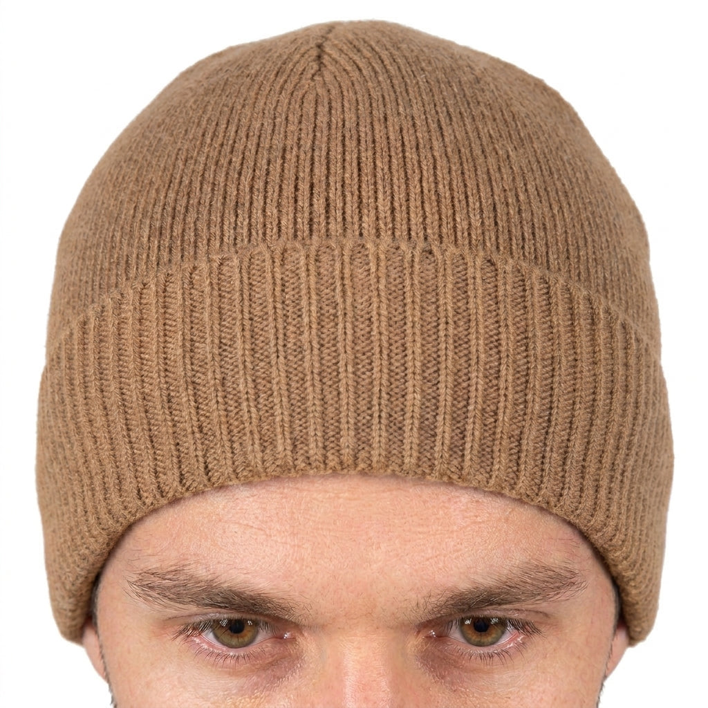Men's plain-knit 100% cashmere beanie, colour Camel, view 4 | Dalle Piane Cashmere