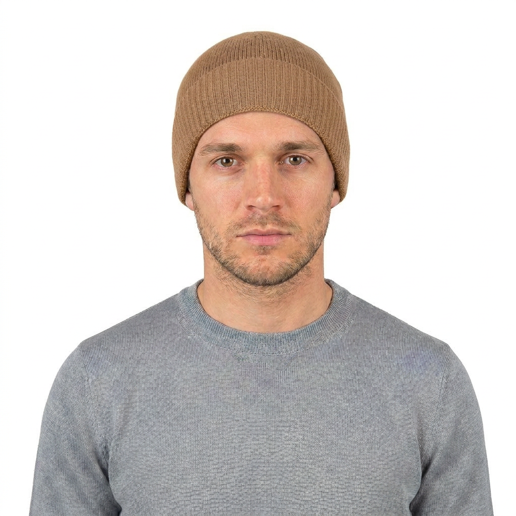 Men's plain-knit 100% cashmere beanie, colour Camel, view 3 | Dalle Piane Cashmere