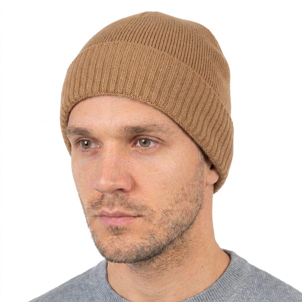 Men's plain-knit 100% cashmere beanie, colour Camel, view 2 | Dalle Piane Cashmere